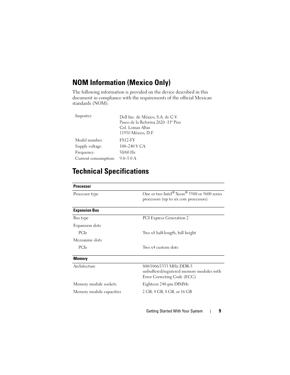 Nom information (mexico only), Technical specifications | Dell PowerEdge C2100 User Manual | Page 11 / 128