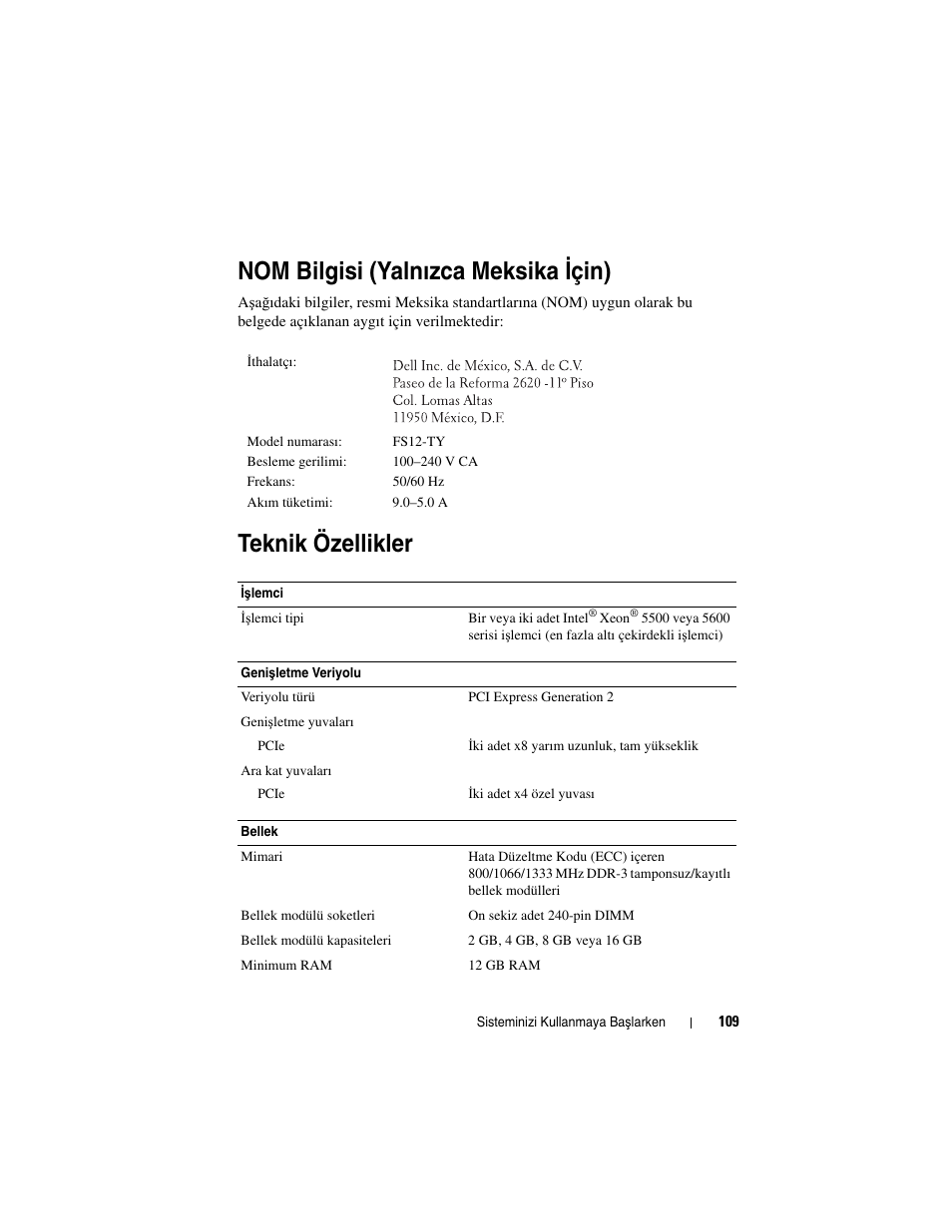 Nom bilgisi (yalnızca meksika için), Teknik özellikler, Nom bilgisi (yalnızca meksika i çin) | Dell PowerEdge C2100 User Manual | Page 111 / 128