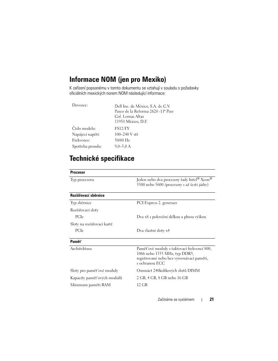 Informace nom (jen pro mexiko), Technické specifikace | Dell PowerEdge C2100 User Manual | Page 23 / 128