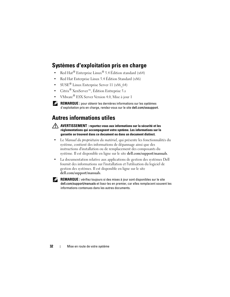 Systèmes d'exploitation pris en charge, Autres informations utiles | Dell PowerEdge C2100 User Manual | Page 34 / 128