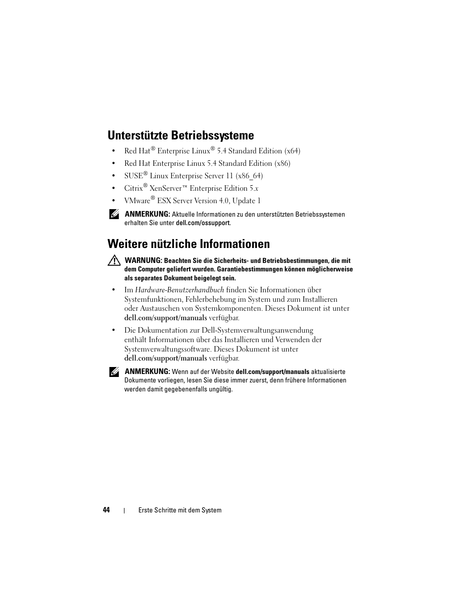 Unterstützte betriebssysteme, Weitere nützliche informationen | Dell PowerEdge C2100 User Manual | Page 46 / 128