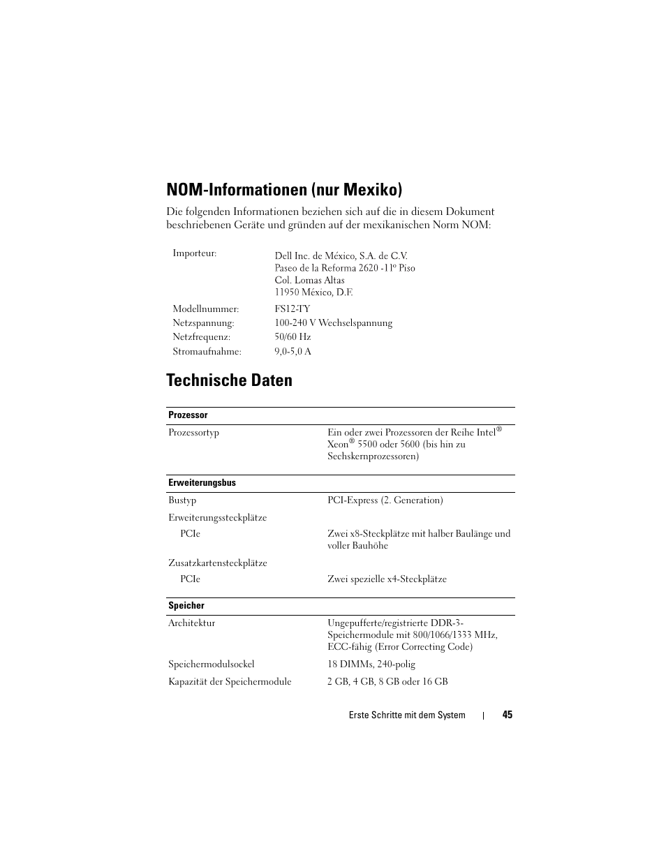 Nom-informationen (nur mexiko), Technische daten | Dell PowerEdge C2100 User Manual | Page 47 / 128