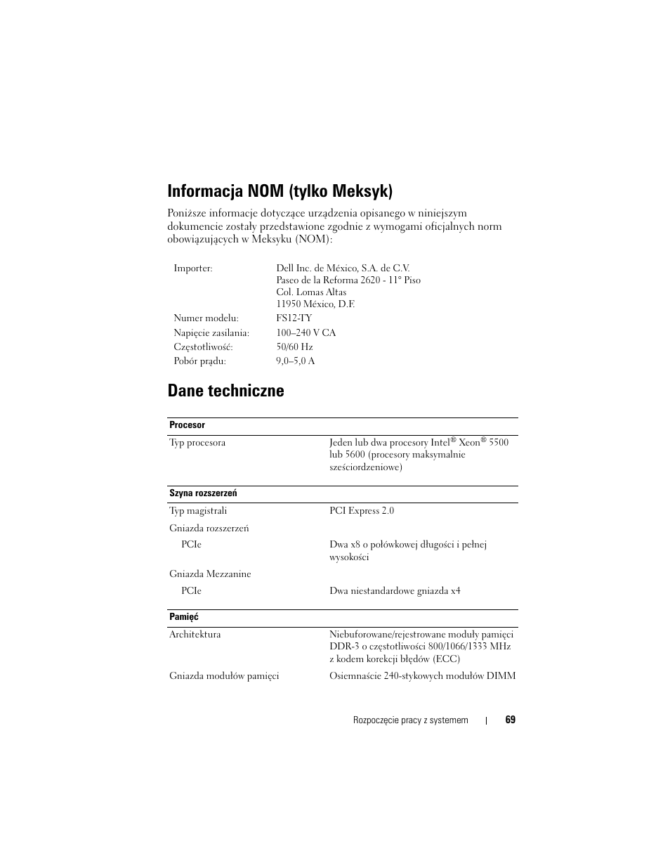 Informacja nom (tylko meksyk), Dane techniczne | Dell PowerEdge C2100 User Manual | Page 71 / 128