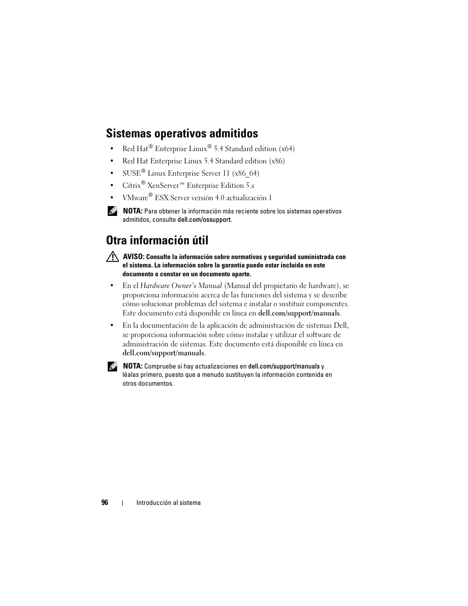 Sistemas operativos admitidos, Otra información útil | Dell PowerEdge C2100 User Manual | Page 98 / 128