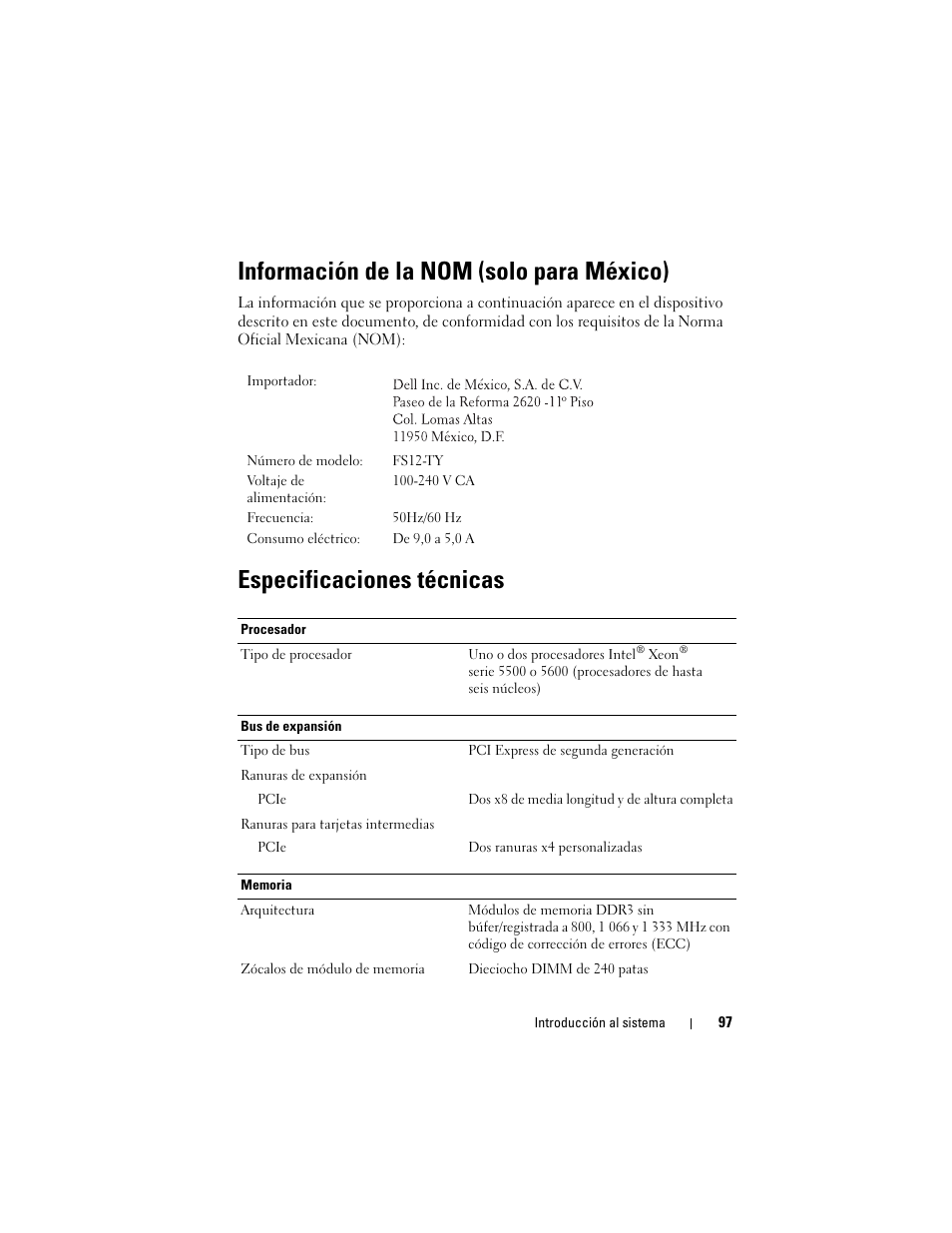 Información de la nom (solo para méxico), Especificaciones técnicas | Dell PowerEdge C2100 User Manual | Page 99 / 128