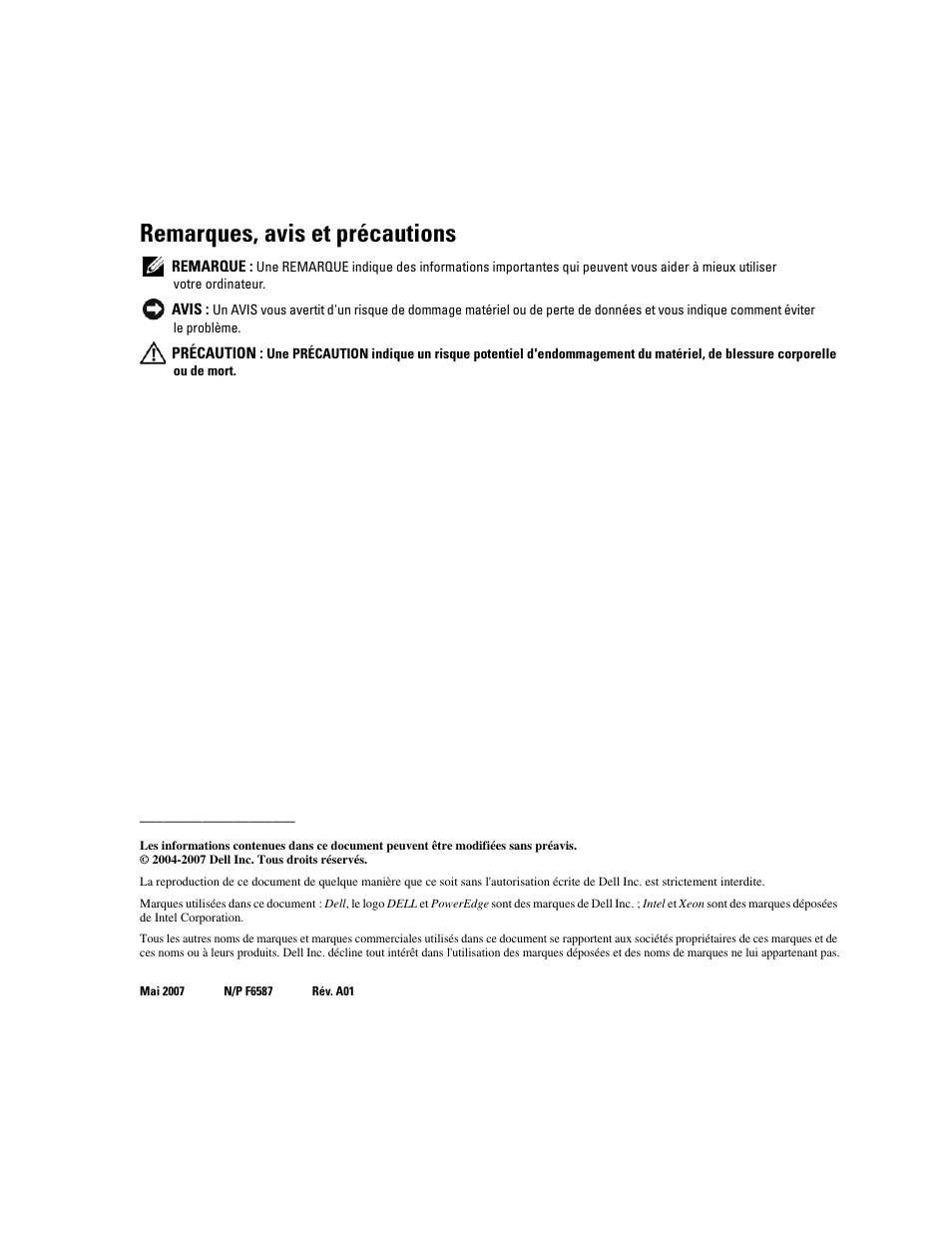Remarques, avis et précautions | Dell PowerEdge 2850 User Manual | Page 18 / 56