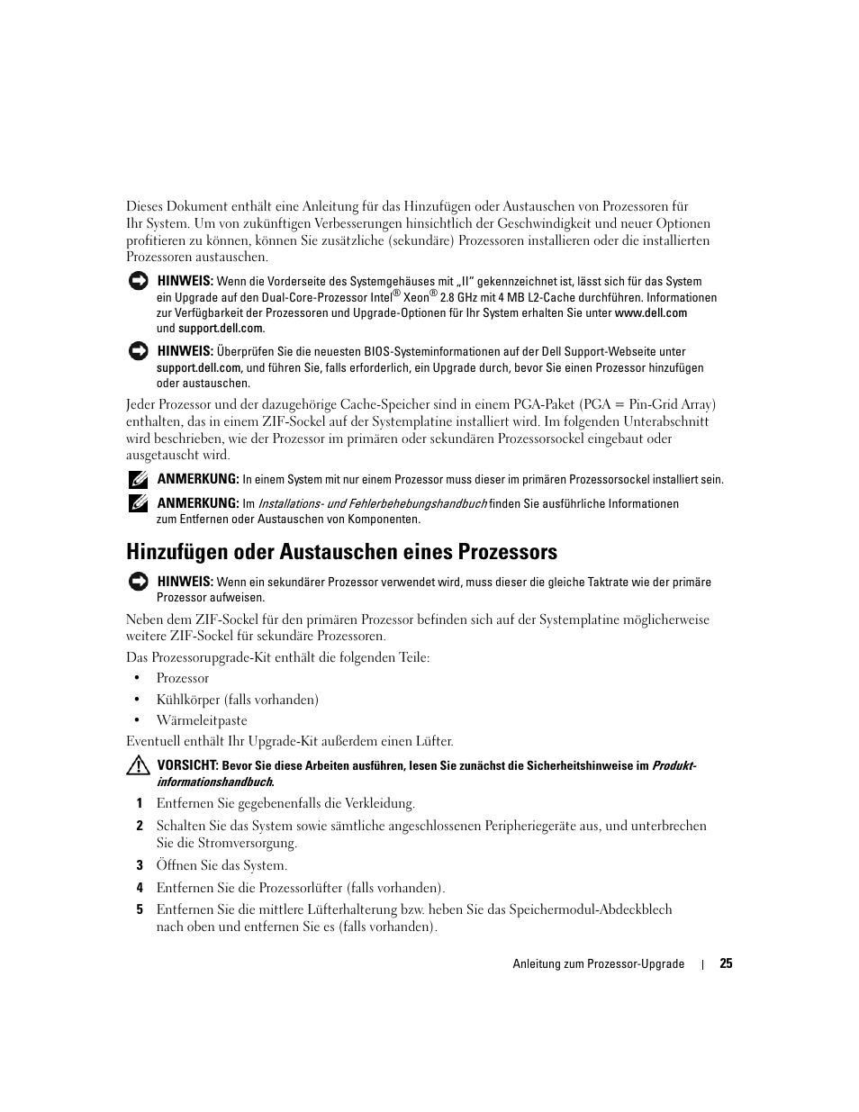 Hinzufügen oder austauschen eines prozessors | Dell PowerEdge 2850 User Manual | Page 27 / 56