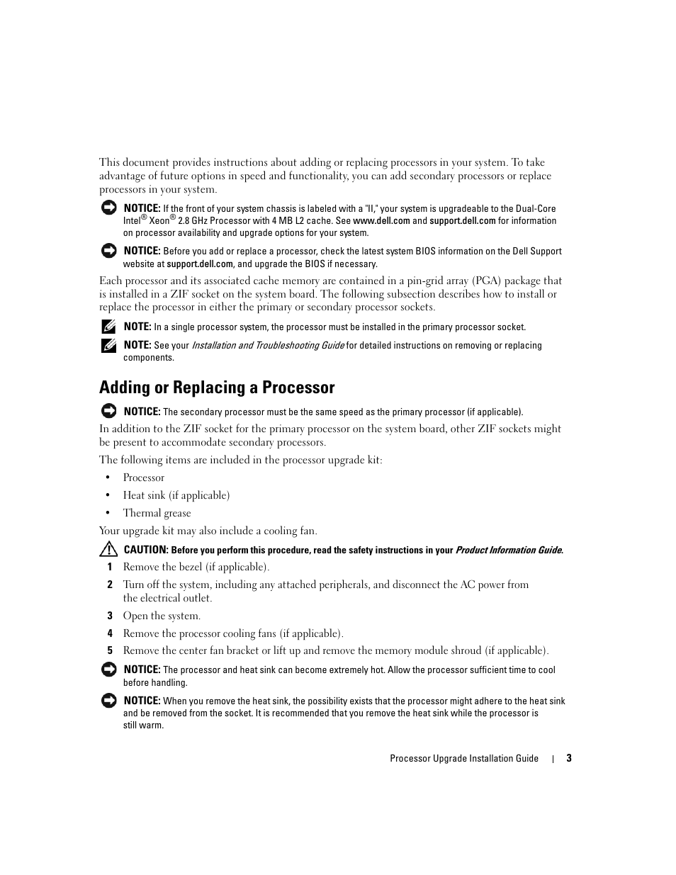Adding or replacing a processor | Dell PowerEdge 2850 User Manual | Page 5 / 56