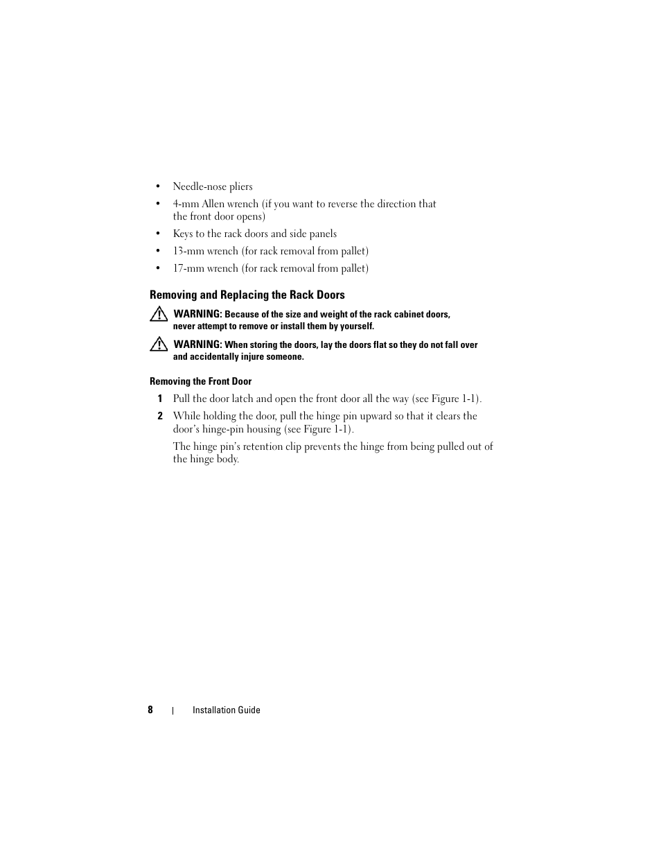 Removing and replacing the rack doors | Dell PowerEdge Rack Enclosure 4220 User Manual | Page 10 / 186