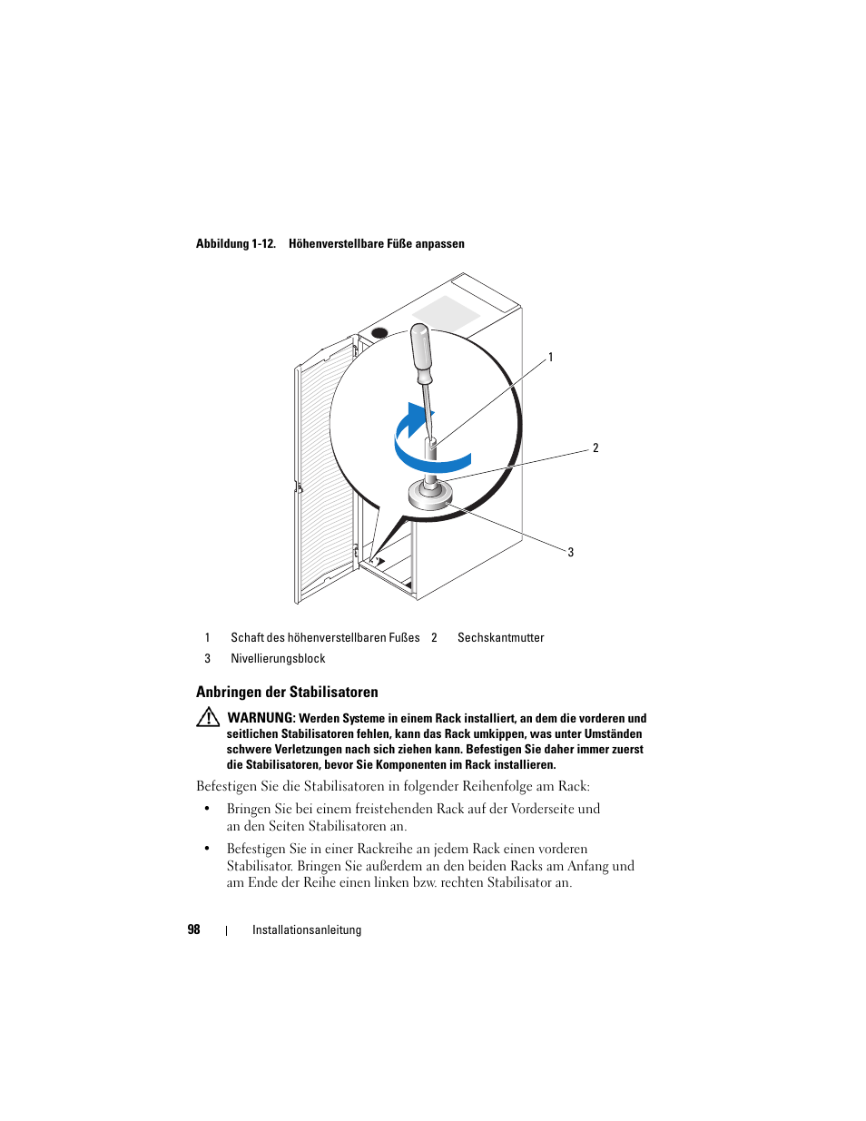 Anbringen der stabilisatoren | Dell PowerEdge Rack Enclosure 4220 User Manual | Page 100 / 186