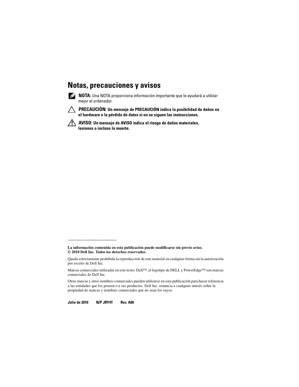 Notas, precauciones y avisos | Dell PowerEdge Rack Enclosure 4220 User Manual | Page 150 / 186