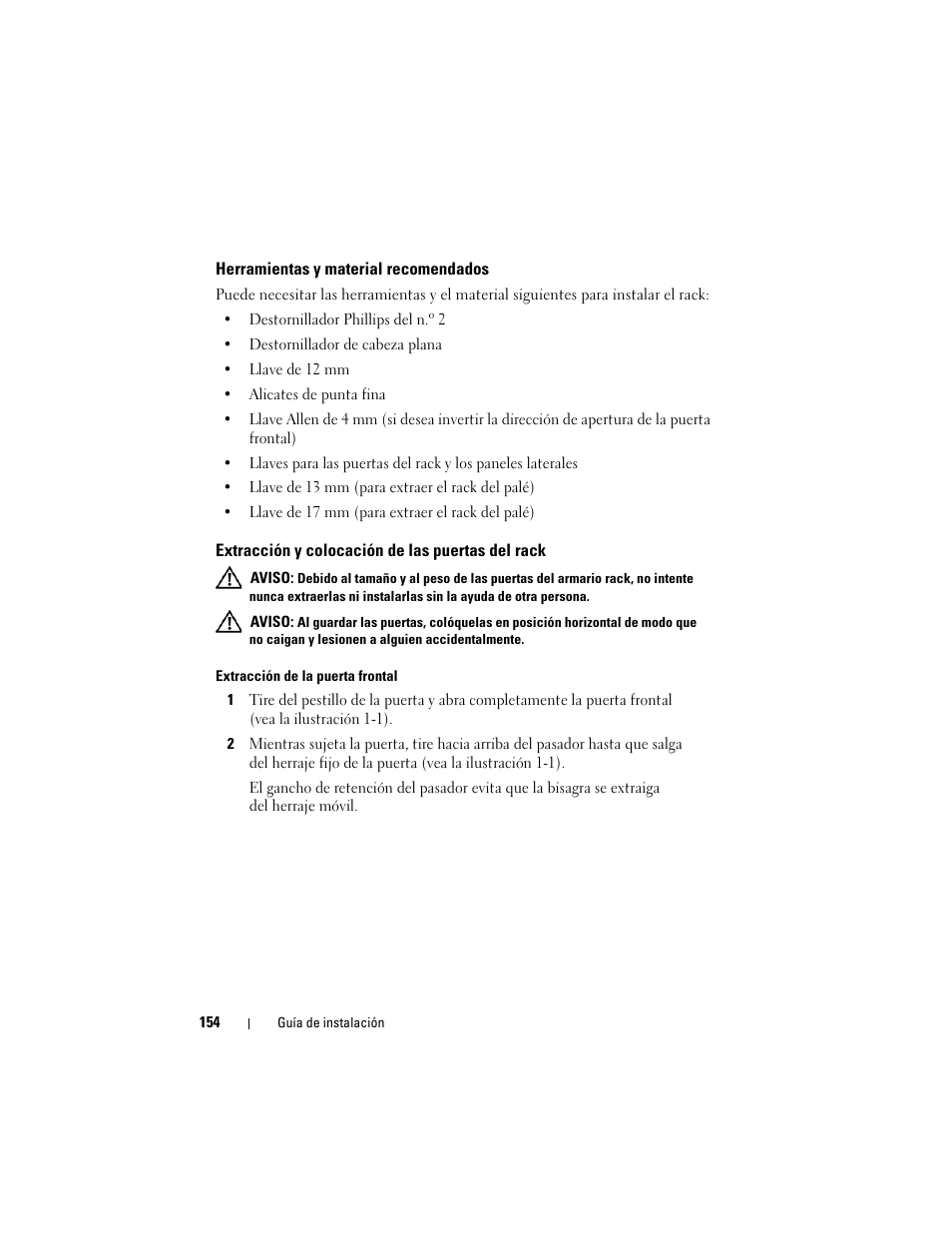 Herramientas y material recomendados, Extracción y colocación de las puertas del rack | Dell PowerEdge Rack Enclosure 4220 User Manual | Page 156 / 186