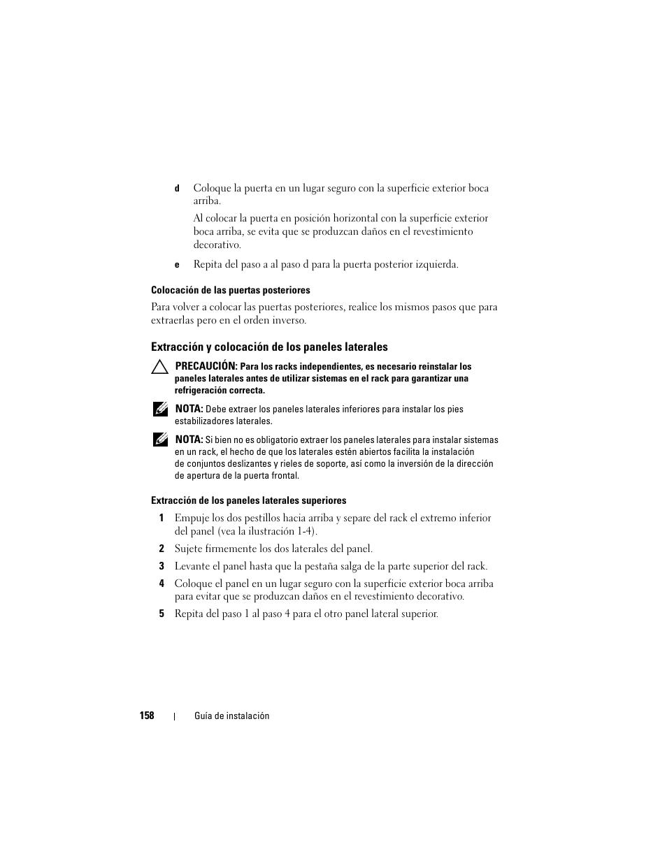 Extracción y colocación de los paneles laterales | Dell PowerEdge Rack Enclosure 4220 User Manual | Page 160 / 186