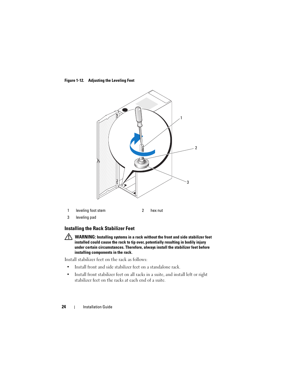 Installing the rack stabilizer feet | Dell PowerEdge Rack Enclosure 4220 User Manual | Page 26 / 186