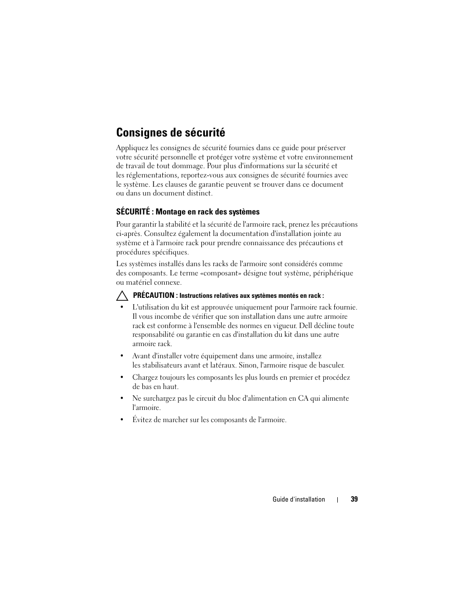 Consignes de sécurité, Sécurité : montage en rack des systèmes | Dell PowerEdge Rack Enclosure 4220 User Manual | Page 41 / 186