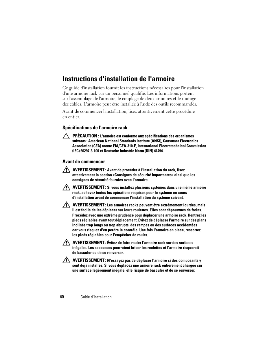 Instructions d'installation de l'armoire, Spécifications de l'armoire rack, Avant de commencer | Dell PowerEdge Rack Enclosure 4220 User Manual | Page 42 / 186