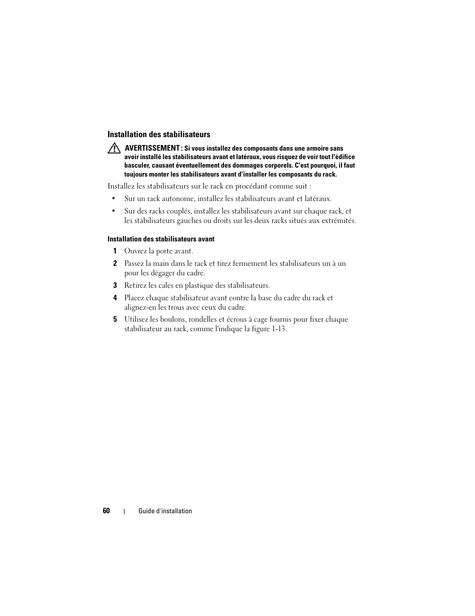 Installation des stabilisateurs | Dell PowerEdge Rack Enclosure 4220 User Manual | Page 62 / 186