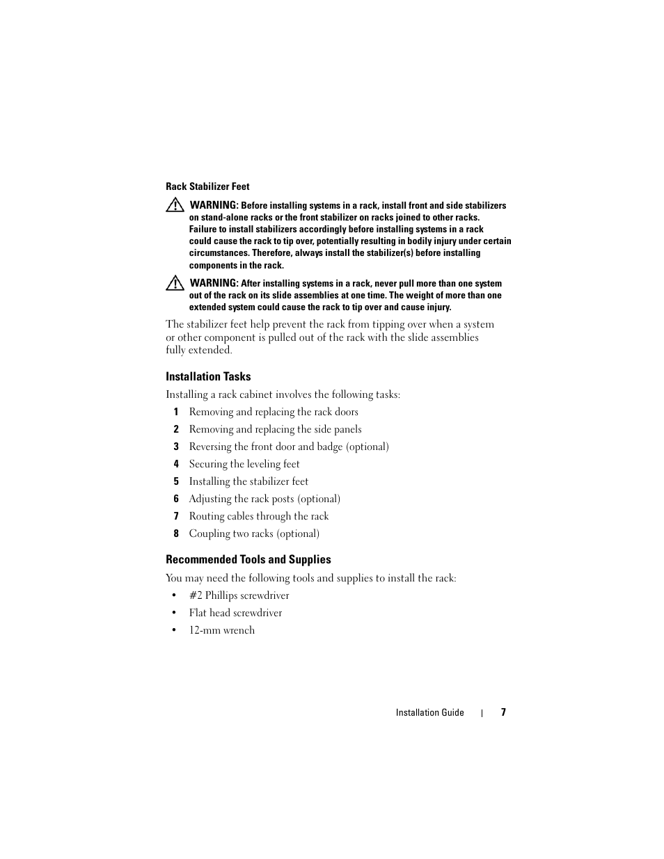 Installation tasks, Recommended tools and supplies | Dell PowerEdge Rack Enclosure 4220 User Manual | Page 9 / 186