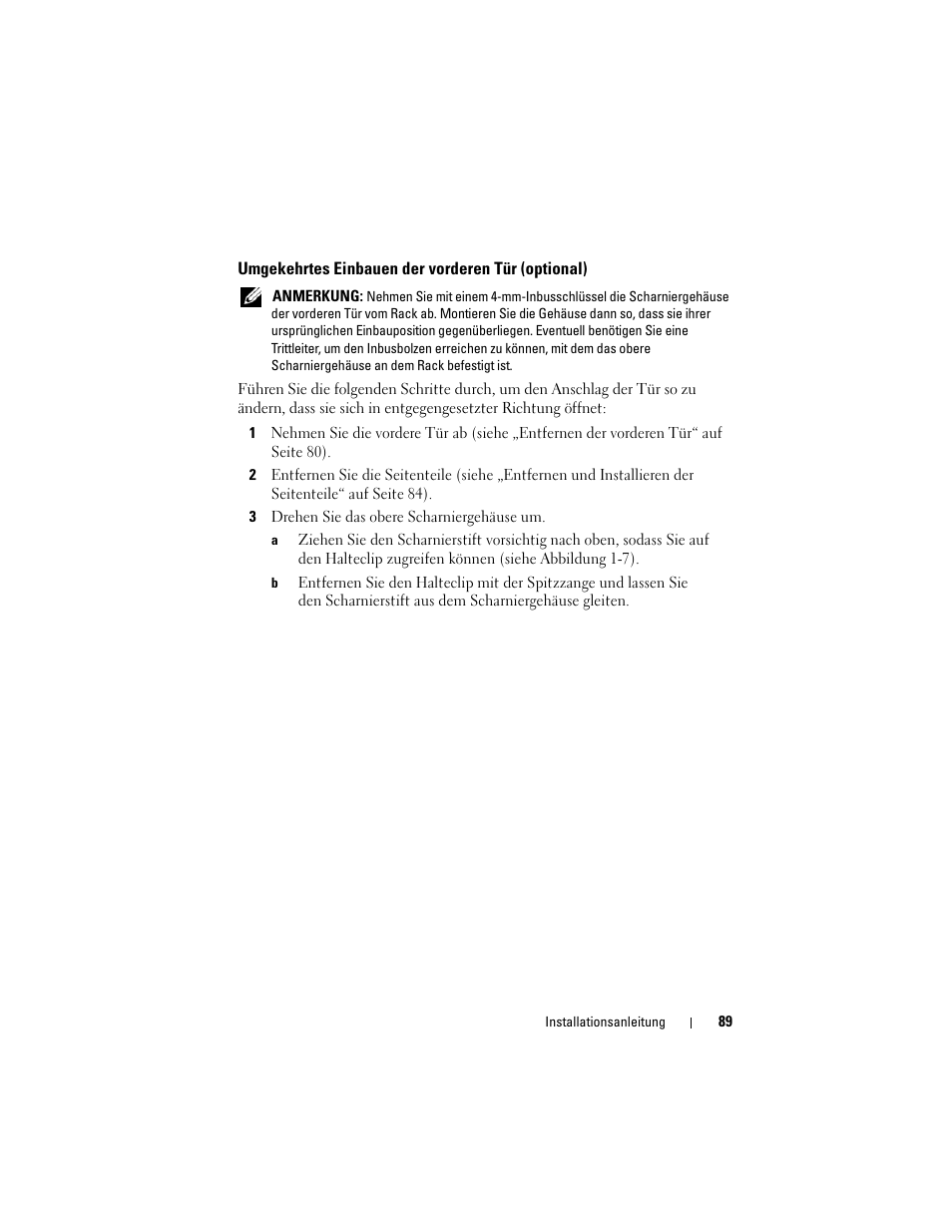 Umgekehrtes einbauen der vorderen tür (optional) | Dell PowerEdge Rack Enclosure 4220 User Manual | Page 91 / 186