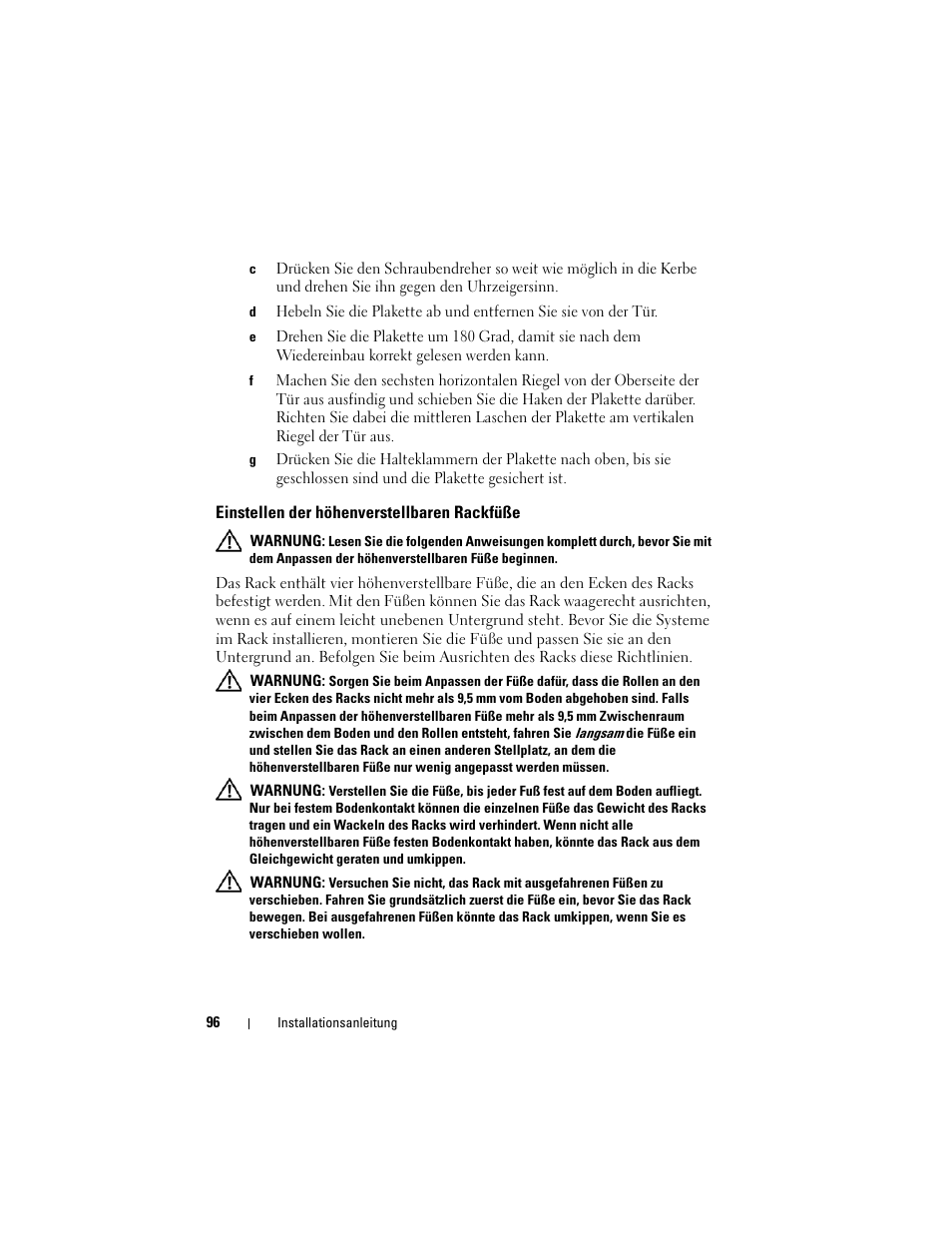 Einstellen der höhenverstellbaren rackfüße | Dell PowerEdge Rack Enclosure 4220 User Manual | Page 98 / 186