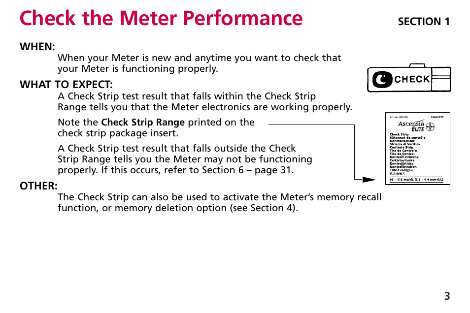 Check the meter performance | Bayer HealthCare Blood Glucose Meter MODEL Ascensia Elite User Manual | Page 12 / 51