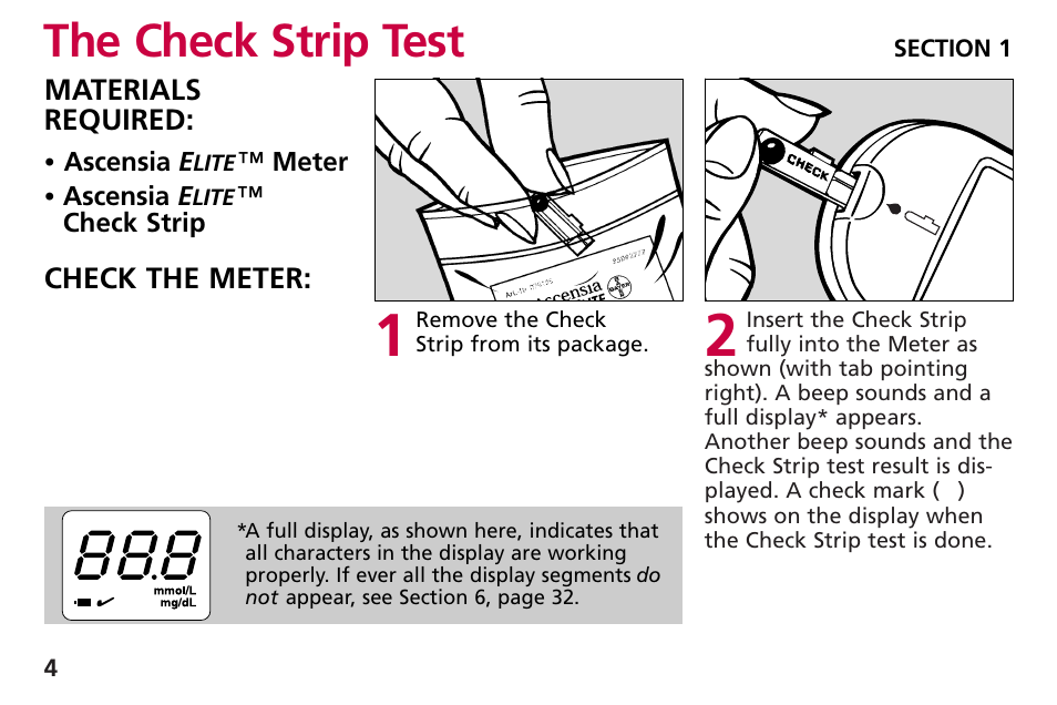 The check strip test | Bayer HealthCare Blood Glucose Meter MODEL Ascensia Elite User Manual | Page 13 / 51