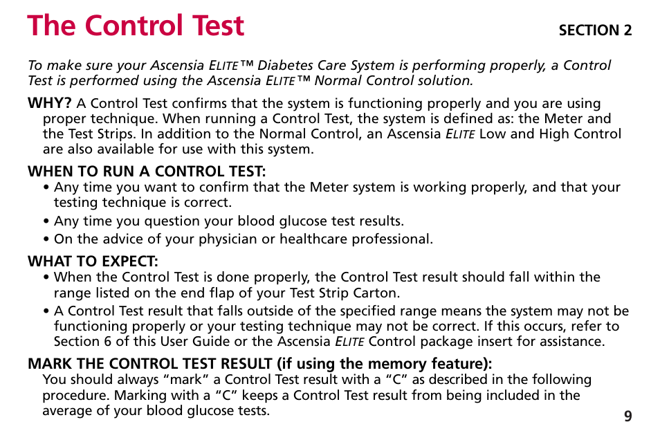 The control test | Bayer HealthCare Blood Glucose Meter MODEL Ascensia Elite User Manual | Page 18 / 51