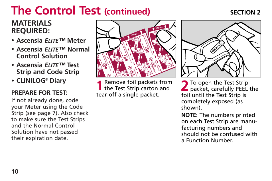 The control test, Continued), Materials required | Ascensia e, Meter, Normal control solution, Test strip and code strip, Clinilog, Diary prepare for test, Lite | Bayer HealthCare Blood Glucose Meter MODEL Ascensia Elite User Manual | Page 19 / 51