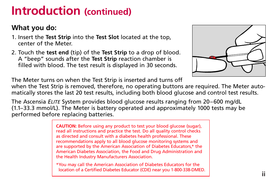Introduction, Continued) | Bayer HealthCare Blood Glucose Meter MODEL Ascensia Elite User Manual | Page 5 / 51