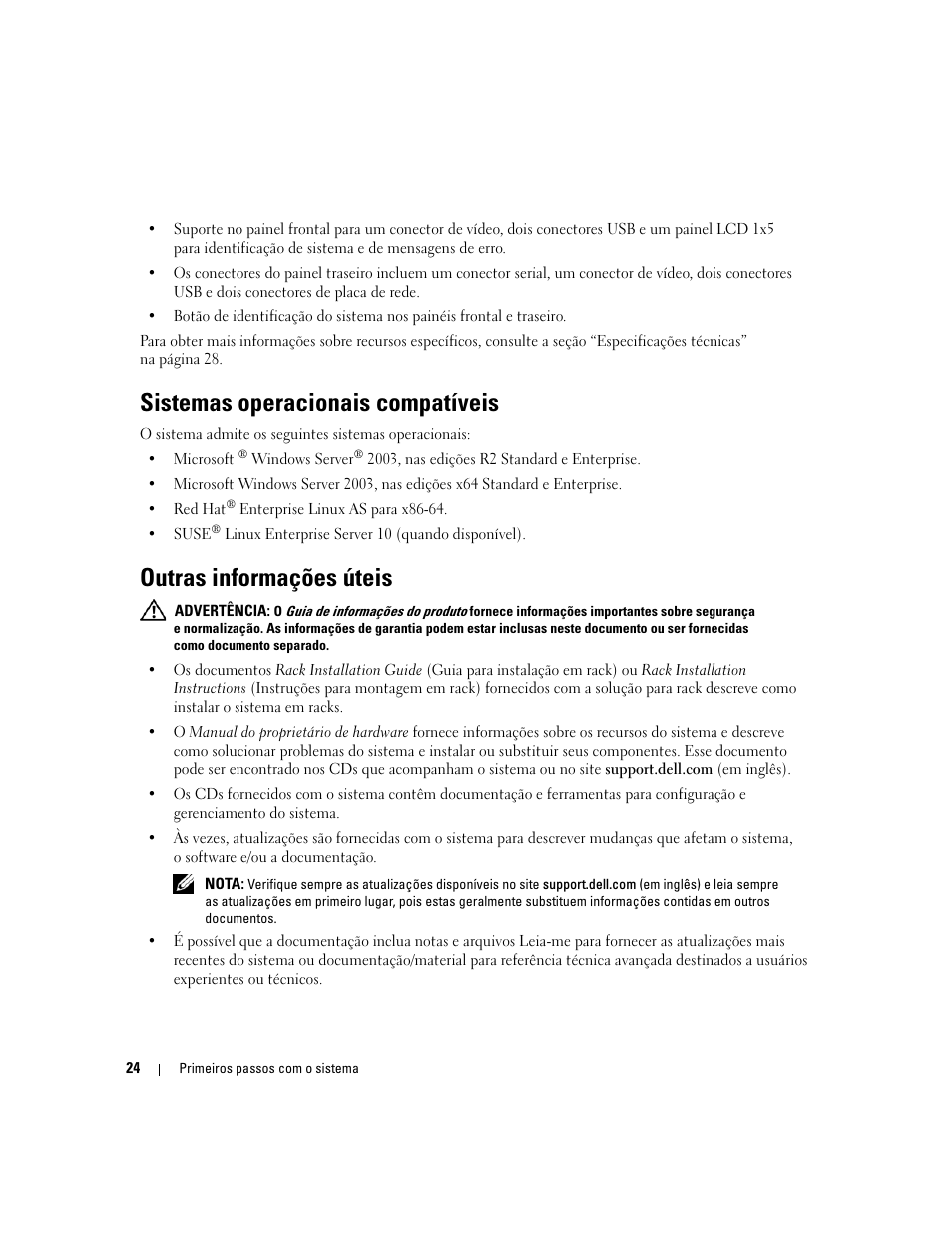 Sistemas operacionais compatíveis, Outras informações úteis | Dell PowerEdge 6950 User Manual | Page 26 / 42