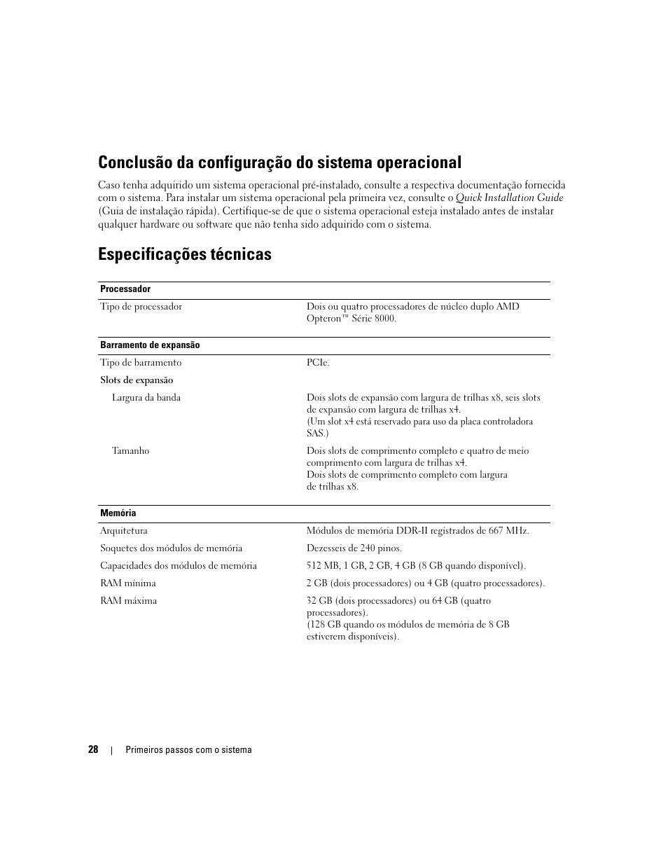 Conclusão da configuração do sistema operacional, Especificações técnicas | Dell PowerEdge 6950 User Manual | Page 30 / 42