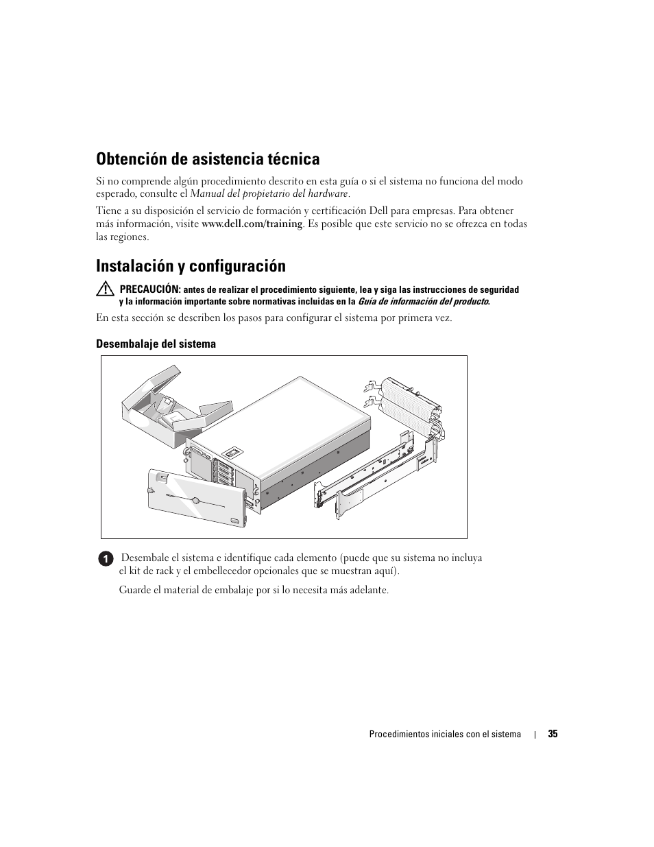 Obtención de asistencia técnica, Instalación y configuración, Desembalaje del sistema | Dell PowerEdge 6950 User Manual | Page 37 / 42