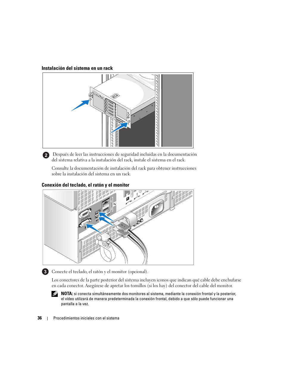 Instalación del sistema en un rack, Conexión del teclado, el ratón y el monitor | Dell PowerEdge 6950 User Manual | Page 38 / 42