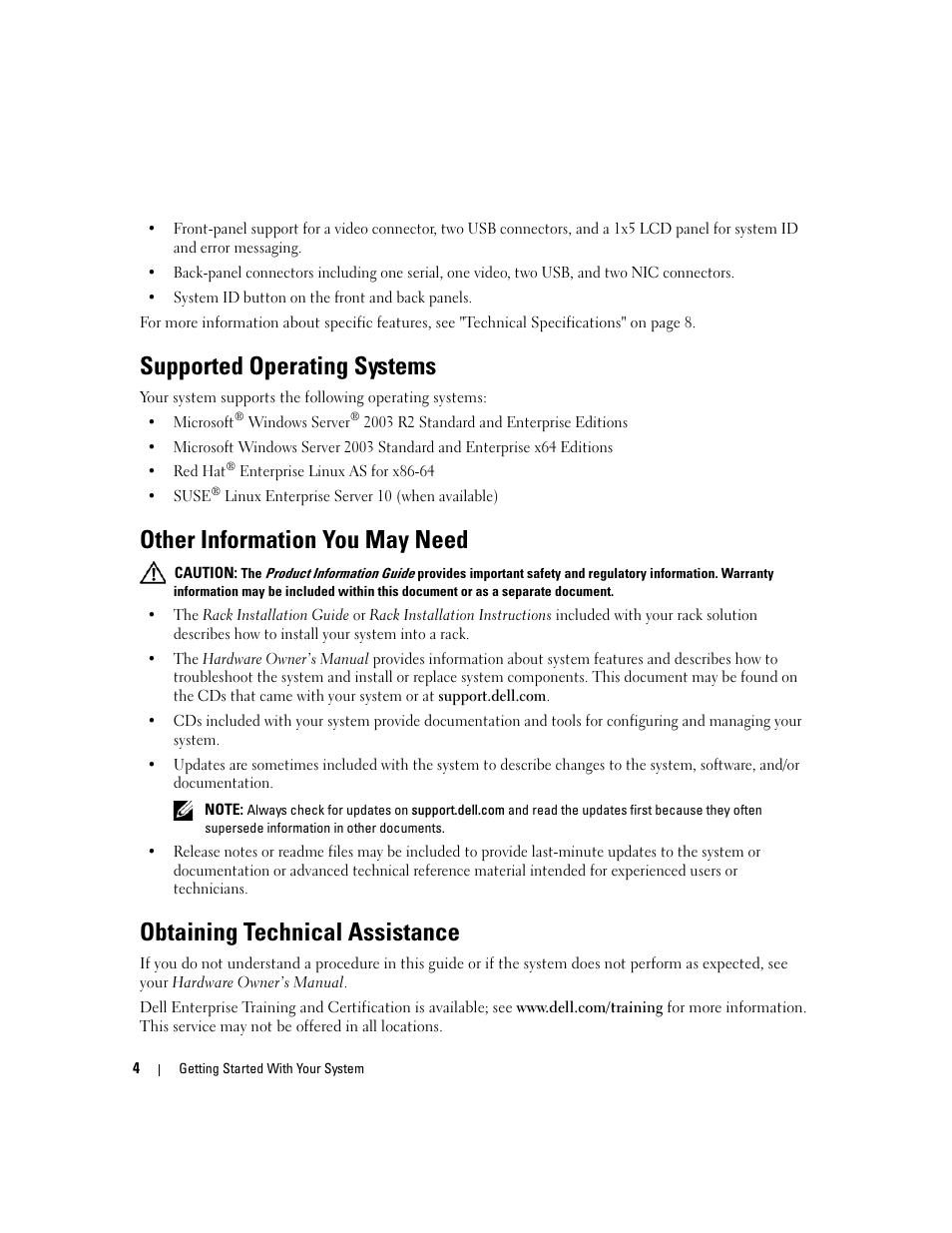 Supported operating systems, Other information you may need, Obtaining technical assistance | Dell PowerEdge 6950 User Manual | Page 6 / 42