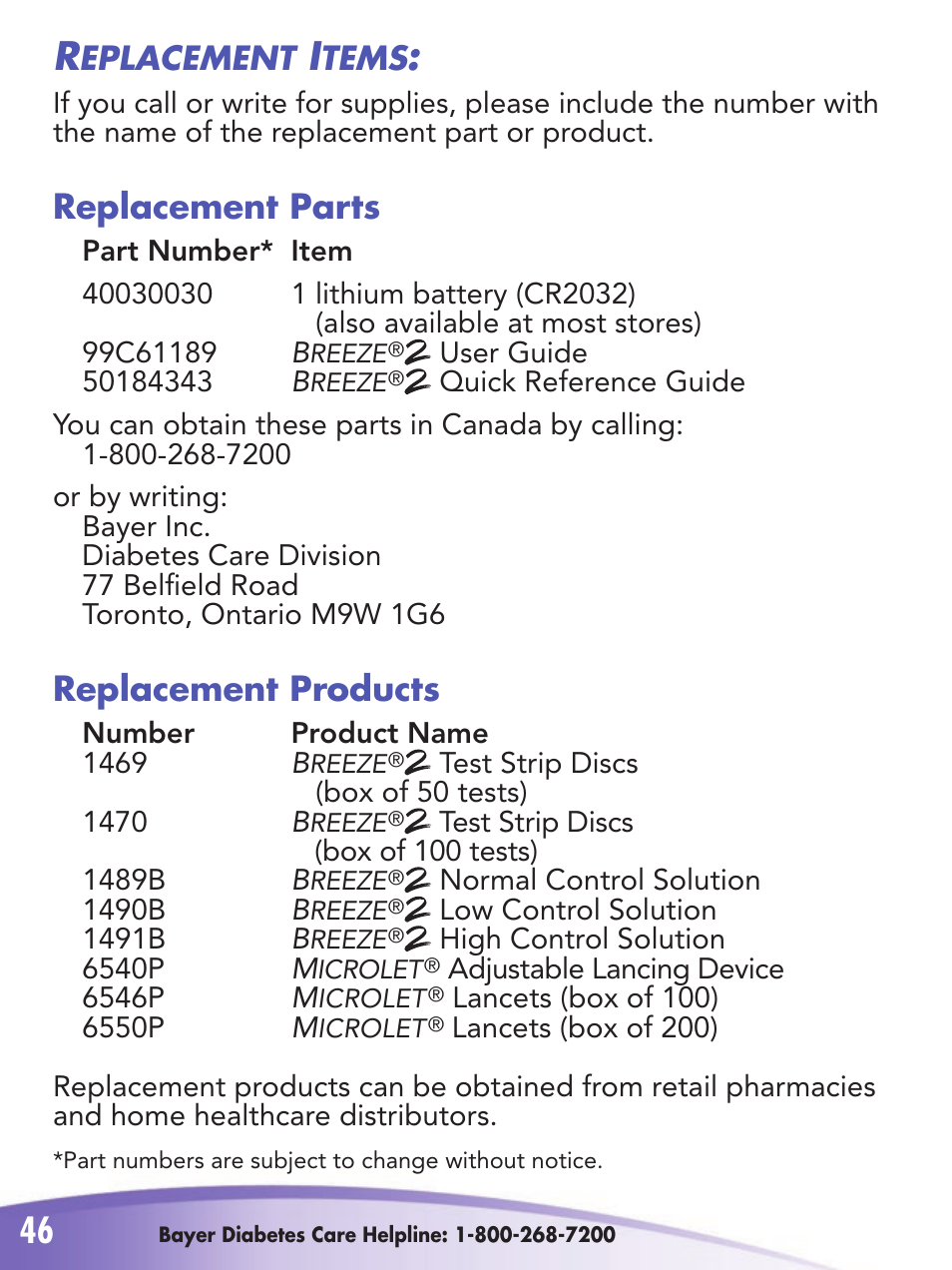 Replacement parts, Replacement products, Eplacement | Tems | Bayer HealthCare 2 User Manual | Page 50 / 53