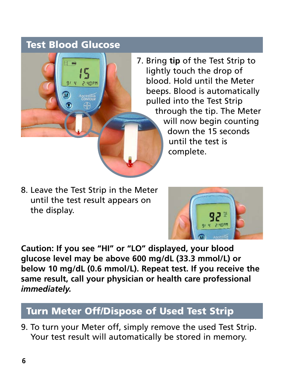 Test blood glucose, Turn meter off/dispose of used test strip | Bayer HealthCare Ascensia Contour Blood Glucose Monitoring System User Manual | Page 10 / 46