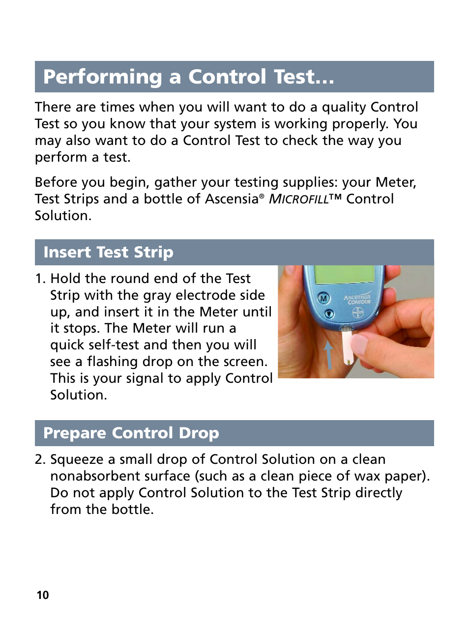 Performing a control test, Insert test strip, Prepare control drop | Bayer HealthCare Ascensia Contour Blood Glucose Monitoring System User Manual | Page 14 / 46