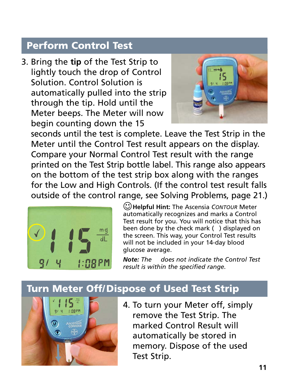 Perform control test, Turn meter off/ dispose of used test strip | Bayer HealthCare Ascensia Contour Blood Glucose Monitoring System User Manual | Page 15 / 46