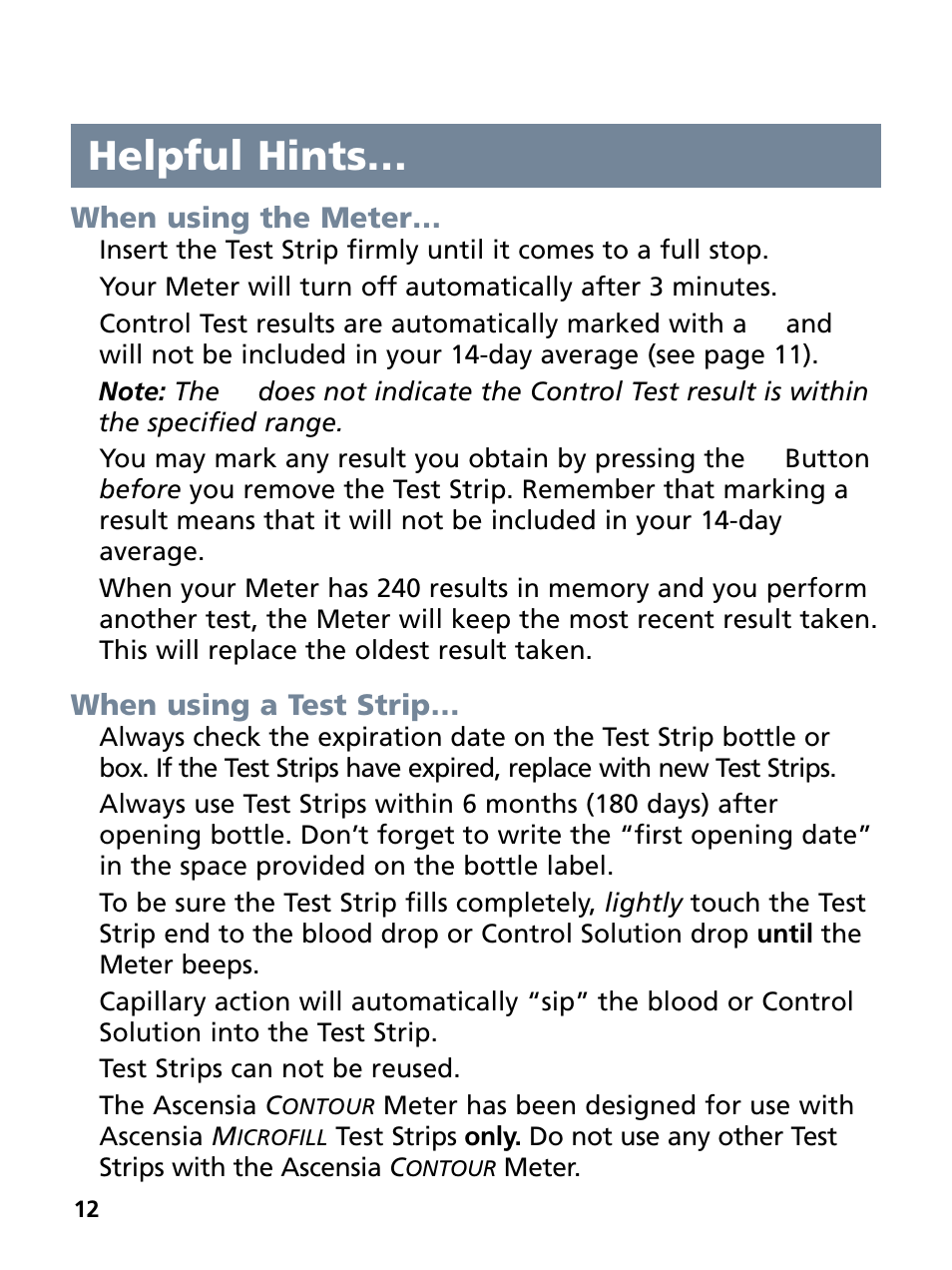 Helpful hints | Bayer HealthCare Ascensia Contour Blood Glucose Monitoring System User Manual | Page 16 / 46