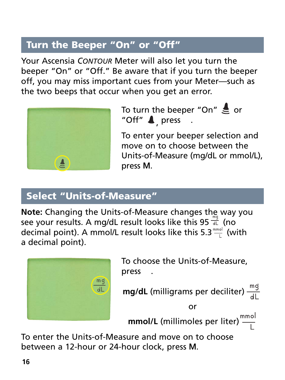 Turn the beeper “on” or “off, Select “units-of-measure | Bayer HealthCare Ascensia Contour Blood Glucose Monitoring System User Manual | Page 20 / 46