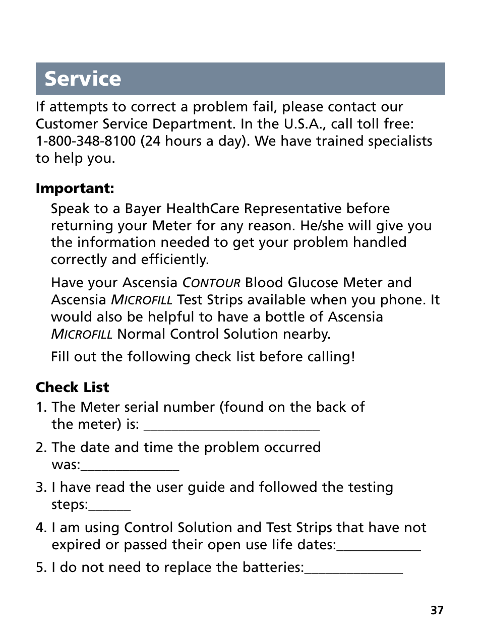 Service | Bayer HealthCare Ascensia Contour Blood Glucose Monitoring System User Manual | Page 41 / 46