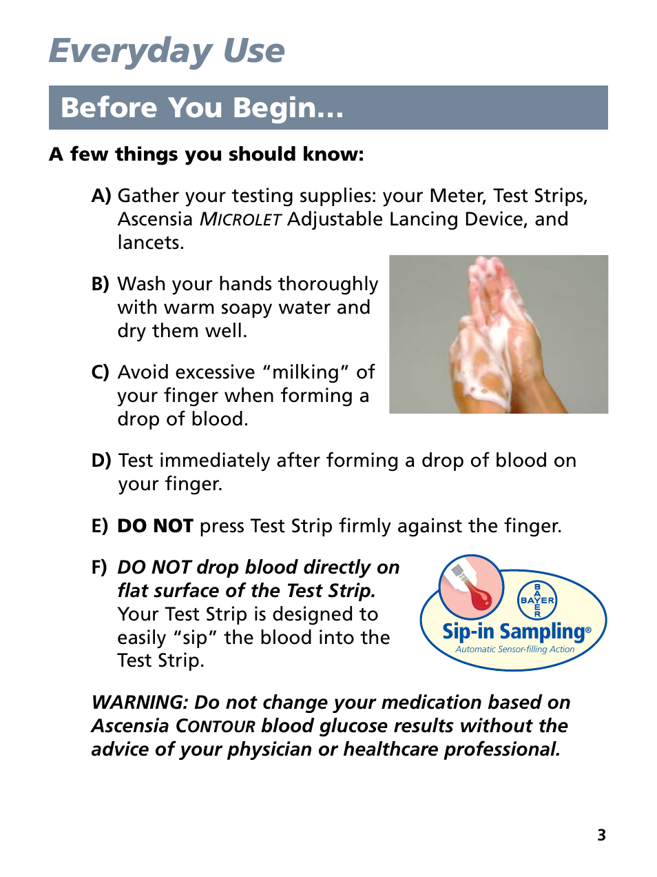 Everyday use, Before you begin, Sip-in sampling | Bayer HealthCare Ascensia Contour Blood Glucose Monitoring System User Manual | Page 7 / 46