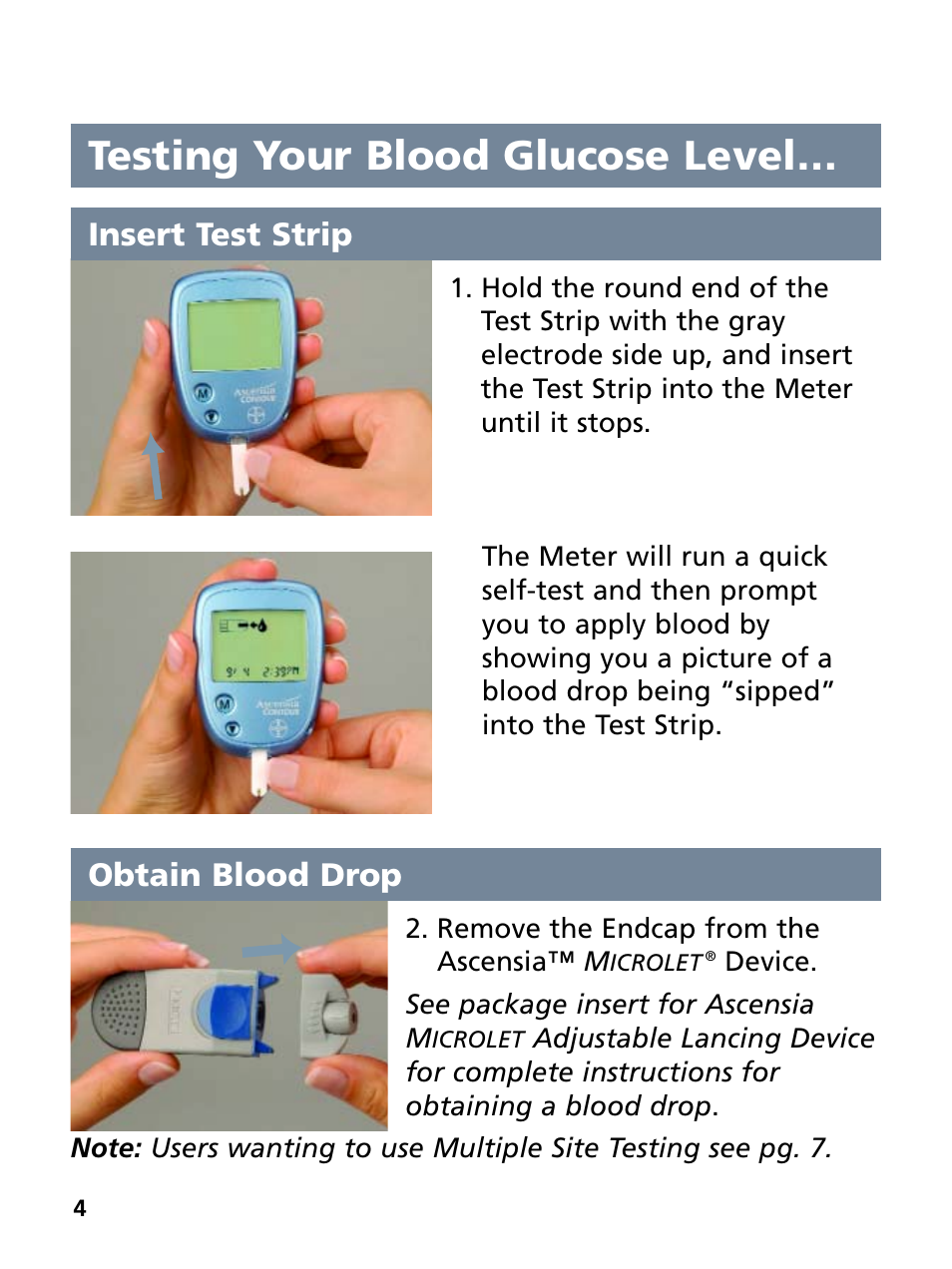 Testing your blood glucose level, Insert test strip, Obtain blood drop | Bayer HealthCare Ascensia Contour Blood Glucose Monitoring System User Manual | Page 8 / 46