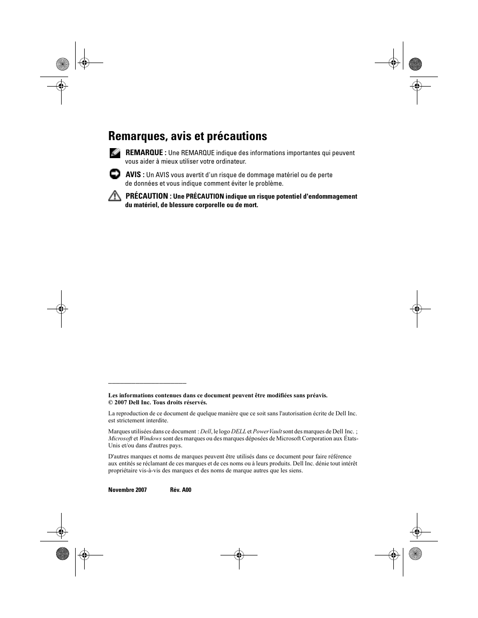 Remarques, avis et précautions | Dell PowerVault MD3000 User Manual | Page 26 / 92