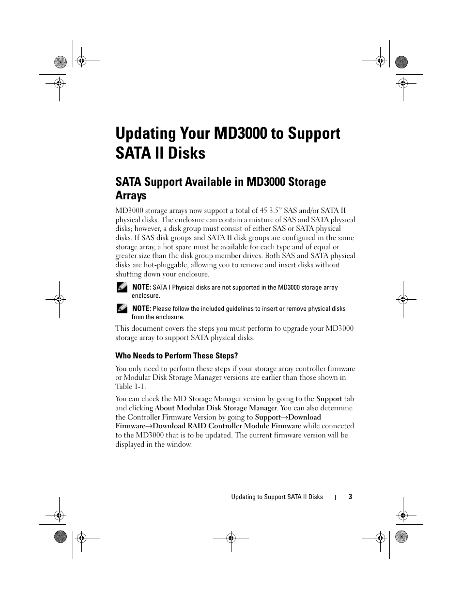 Updating your md3000 to support sata ii disks, Sata support available in md3000 storage arrays, Who needs to perform these steps | Dell PowerVault MD3000 User Manual | Page 3 / 92