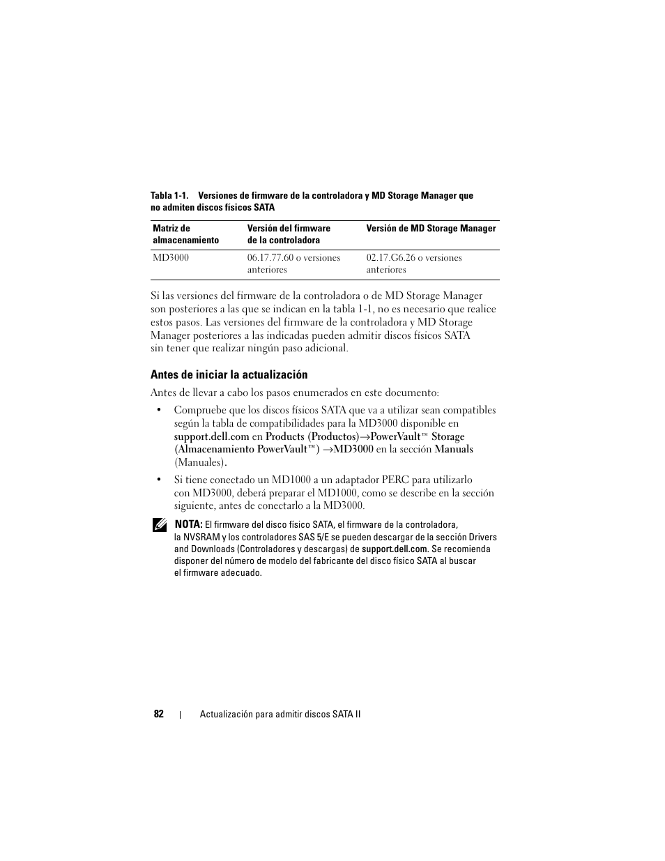 Antes de iniciar la actualización | Dell PowerVault MD3000 User Manual | Page 82 / 92
