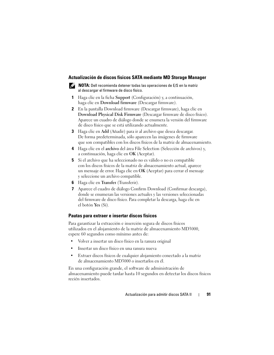 Pautas para extraer e insertar discos físicos | Dell PowerVault MD3000 User Manual | Page 91 / 92