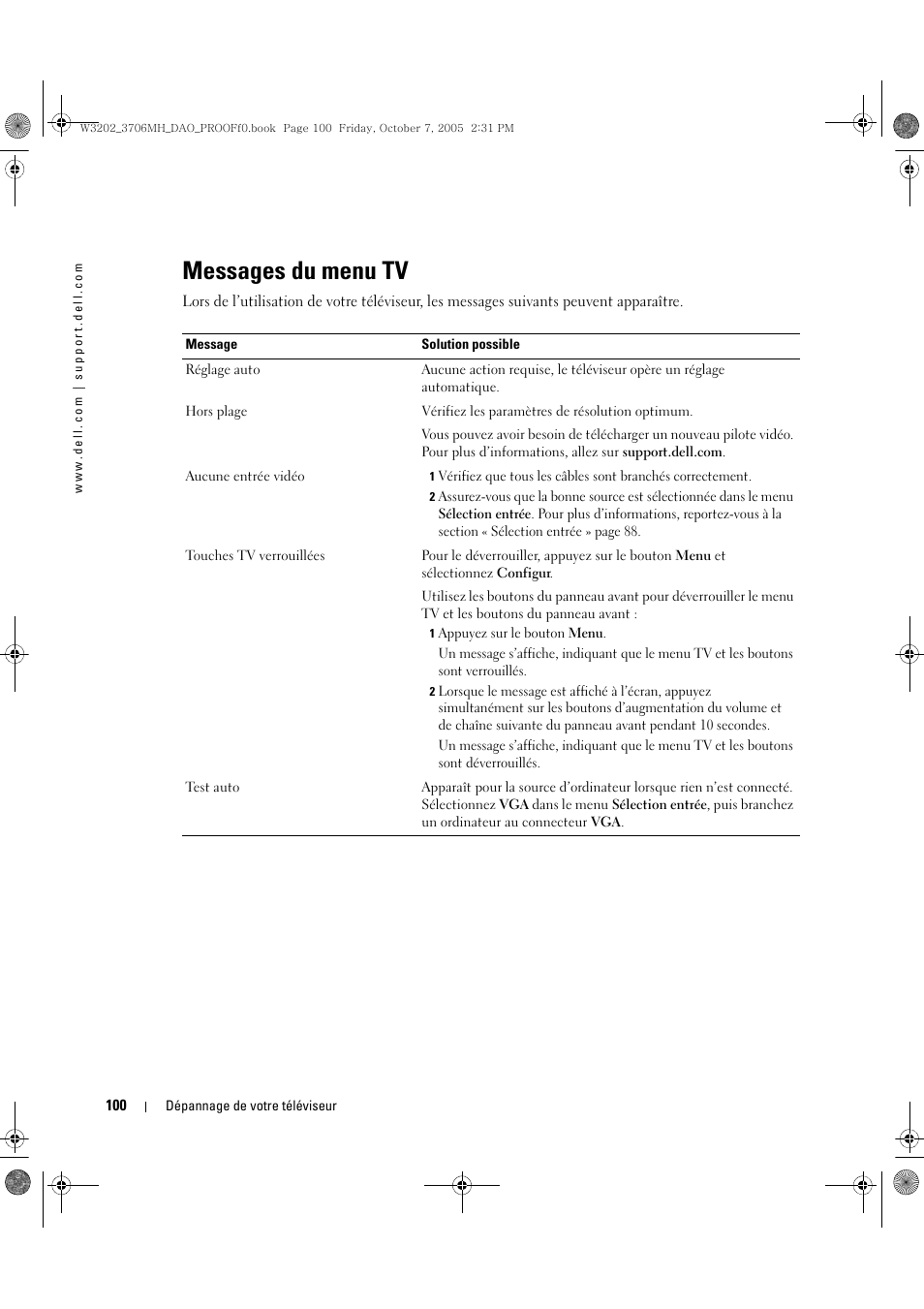 Messages du menu tv | Dell LCD TV W3706MH User Manual | Page 100 / 204