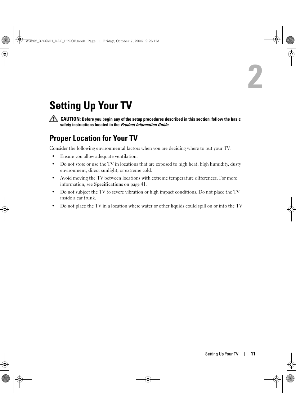 Setting up your tv, Proper location for your tv, 2 setting up your tv | Dell LCD TV W3706MH User Manual | Page 11 / 204