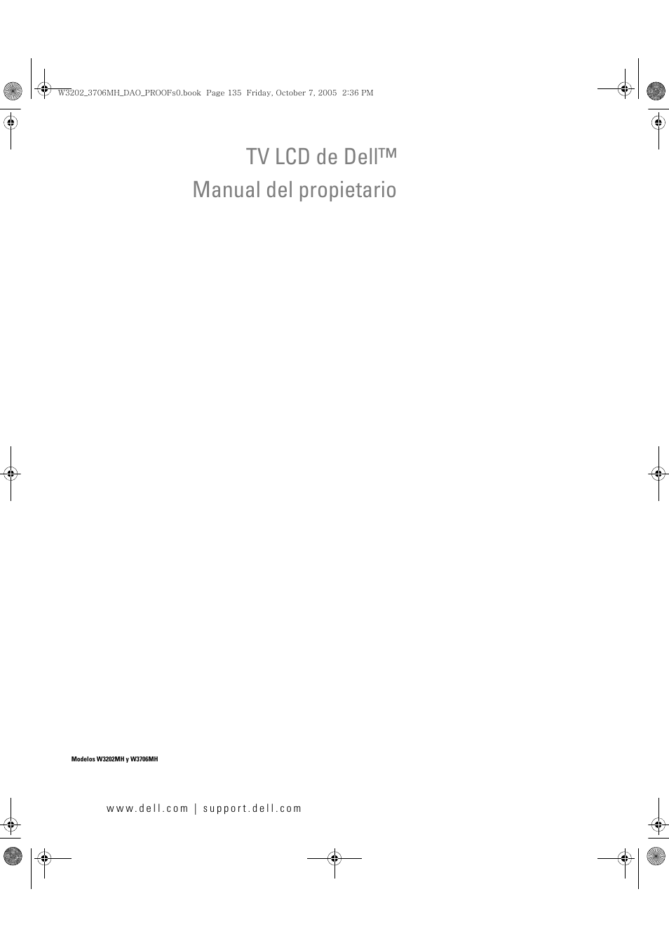 Tv lcd de dell™ manual del propietario, Tv lcd de dell, Manual del propietario | Dell LCD TV W3706MH User Manual | Page 135 / 204